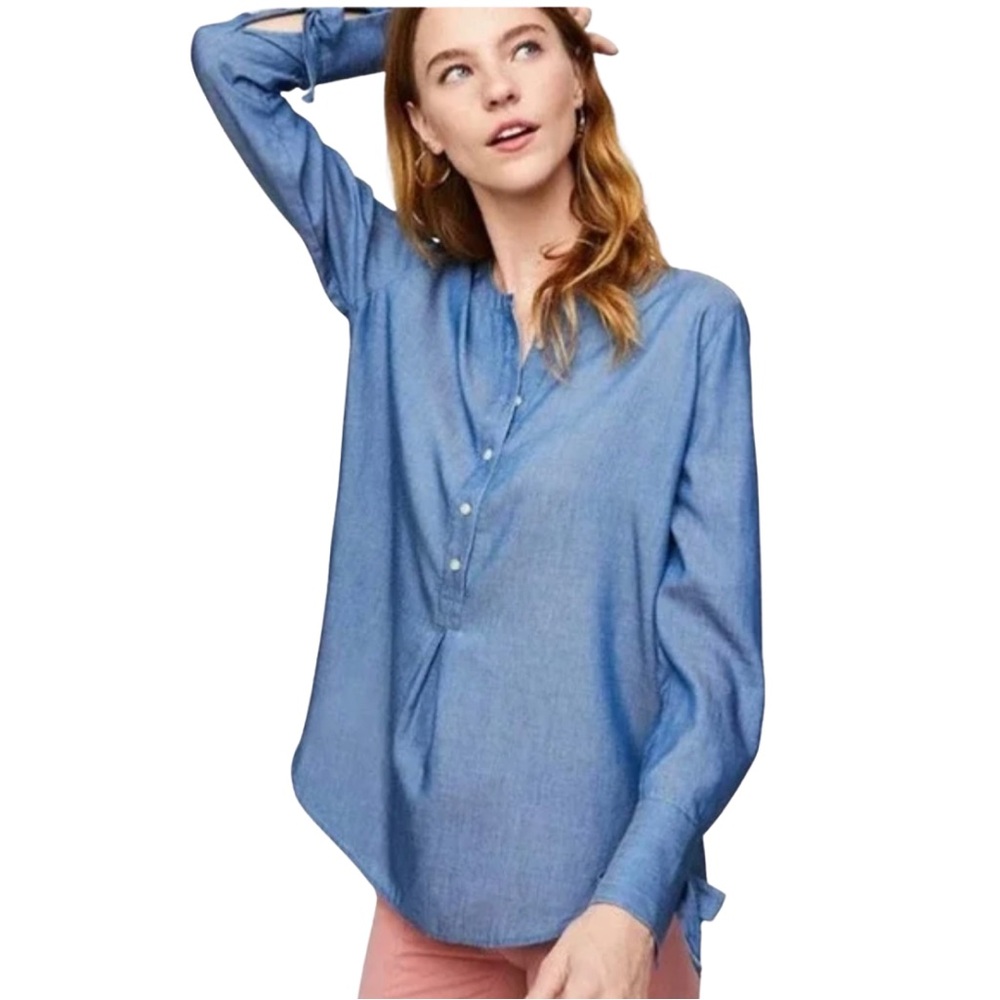 LOFT New Tie Cuff Tunic Top Super Lightweight Blouse Blue Women’s sz XL